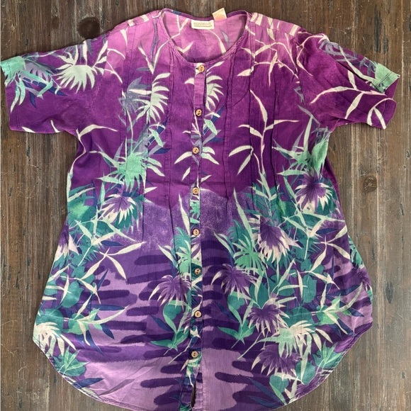 Roaman's Elegant Purple and Green Flower Pattern Tunic - Picture 1 of 5